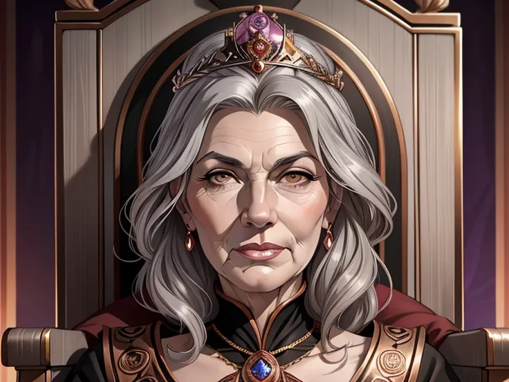 masterpiece, best quality, realistic, 1woman, mature female, quiet and charming woman, 80 year old, a smirk, closed mouth, white skin, portrait, extremely detailed face, cold and smirk, ((bronze eyes)), (( gray hair)), [thin eyebrows], rose gold crowned, d...