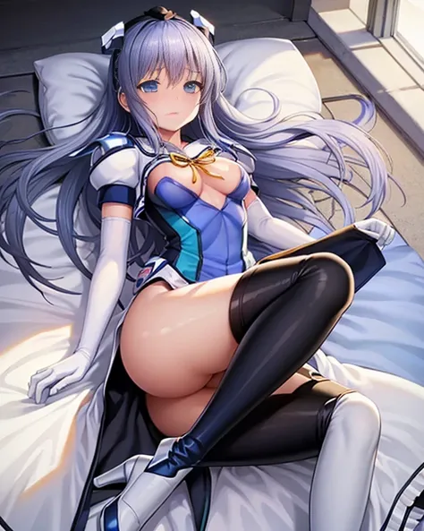 highest quality,sleep on your back in bed，Symphonic_Sugar,light blue hair,navy blue eyes,hair ornament,long hair,white long_glove,light blue short dress,black pantyhose,high heel, ,Crab crotch，show me your boots，thigh high boots，Leotard sneak peek，glove，el...