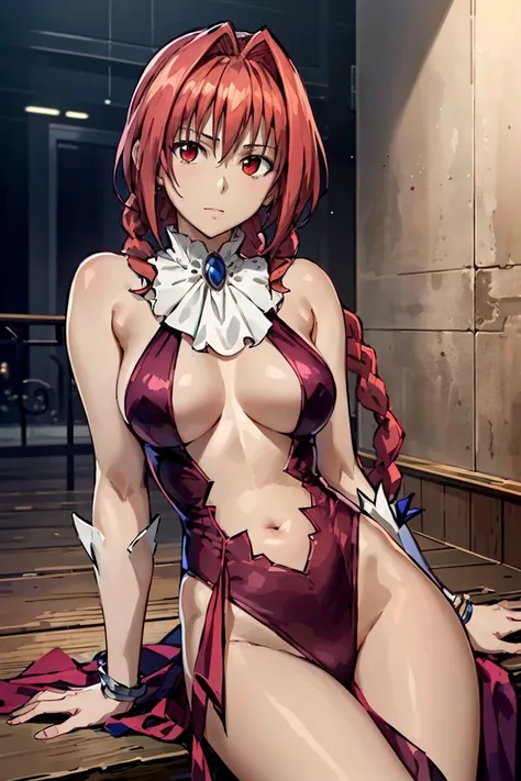 masterpiece, highest quality,High resolution,Dorothy, redhead,red eyes,Braid,  cowboy shot, sitting,