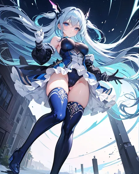 highest quality,sleep on your back in bed，Symphonic_Sugar,light blue hair,navy blue eyes,hair ornament,long hair,white long_glove,light blue short dress,black pantyhose,high heel, ,Crab crotch，show me your boots，thigh high boots，Leotard sneak peek，glove，el...