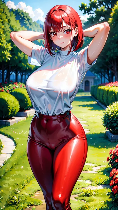 Masterpiece, stunning realistic, best quality, Sharpness, 1 girl, big ,red hair,straight hair,bobcut,red eyes,standing in a beatiful garden with an sea,big ,blush in face,red face, cute smile,closed mouth,arms behind head,very tight white shirt,skinny legg...