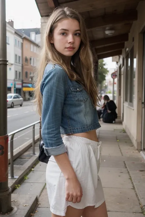 16 year old European cute young girl with long blonde hair in everyday clothes