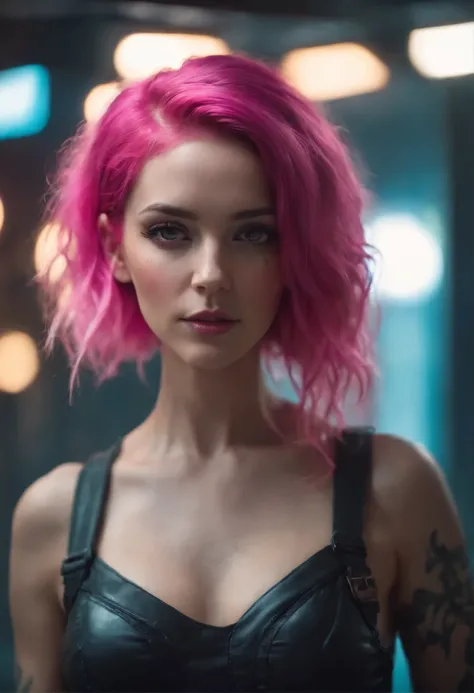 nicole, sensual cyberpunk neon segurando arma pink hair