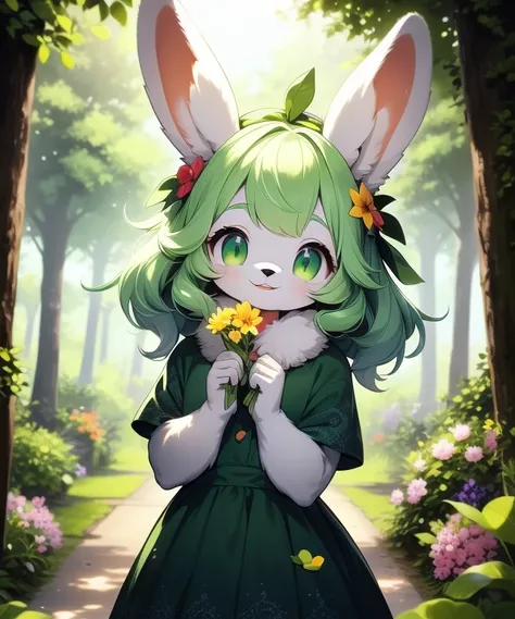 Furry Girl,Rabbit ears,green dress,in the forest, Sea of flowers, cowboy shooting,Smile, hair accessories, looking at the audience, One hand up, head tilt