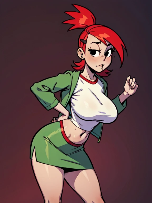 fostersstyle, red hair, green skirt, too short miniskirt,slutty outfit, seductive, abstract background, looking at viewer, slutt...