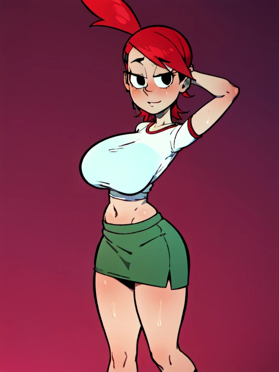 FostersStyle, red hair, green skirt, too short miniskirt,slutty outfit, seductive, abstract background, looking at viewer, slutty , , slutty pose, lewd, seductive expression, white shirt, standing, black eyes, sfw, big tits, looking at viewer, midriff, sky...