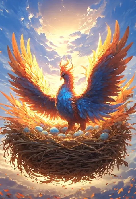 (best quality,4k,highres,masterpiece:1.2),detailed art,phoenix bird (on the nest:1.3) [with family],medium:illustrations [featuring vibrant colors],ultra-detailed feathers [showcasing intricate patterns and textures],bright (warm colors:1.1) [to create a l...