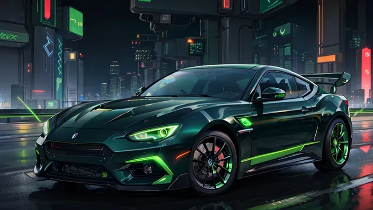 (black sports car), (green cyberpunk, night city, green neon)