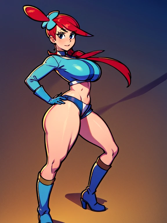 FostersStyle, red hair,slutty outfit, seductive, abstract background, looking at viewer, slutty , , slutty pose, lewd, seductive expression, standing, black eyes, sfw, massive tits, massive ass, looking at viewer, midriff, pokemonskyla, blue eyes, hair orn...