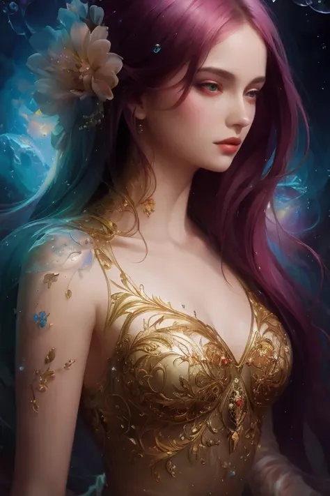 uma pintura de uma mulher em um vestido soprando bolhas, lazy and uau, ethereal bubbles, moebius + lazy + uau, sonhador e detalhado, intricate uau, fantasy closeup with water magic, arte de conto de fadas, pintura de conto de fadas, No estilo de Anna Dittm...