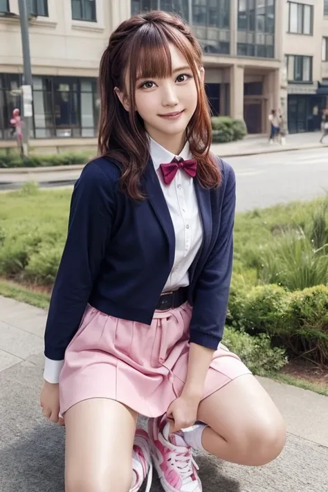 MGCM Iroha, long hair, redhead, star hair ornament, bun hair, flowing bangs, MGCM Uniform, pink jacket, long sleeve, bow tie, blue skirt, socks, star print, sneakers, break medium breasts, Ammunea, beautiful, masterpiece, 8K resolution, highly detailed fac...