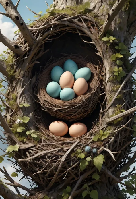 eagle Nest, a hollow place or structure that a bird makes or chooses for laying its eggs in and sheltering its young, best quality, masterpiece, 8k