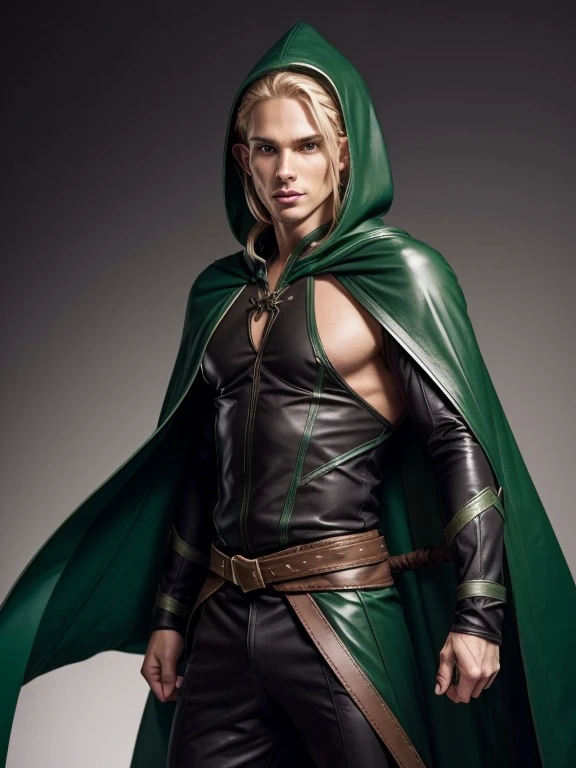 male elf, detailed elf ears, skinny, toned muscles, long braided blonde hair, green leather cape, green leather hood, black leather robe, full body view, vertical oak staff, 