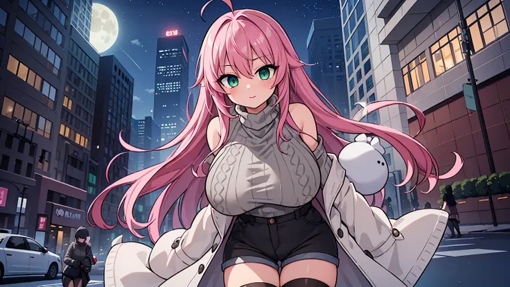 (masterpiece,best quality, detailed,hires:1.4),portrate,1girl,standing,16yo,(solo:1.4),detailed background,new york,downtown street,messy background,winter city scape,lined with modern skyscrapers,(street:1.3),(big moon,detailed full moon,night sky,wide sk...