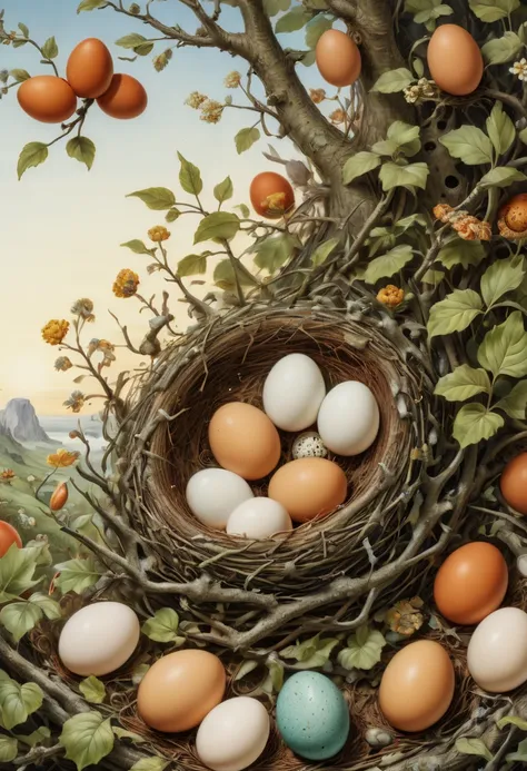 bird Nest, eggs, by Elsa Beskow, panoramic, Ultra high saturation, bright and vivid colors, (best quality, masterpiece, Representative work, official art, Professional, 8k)