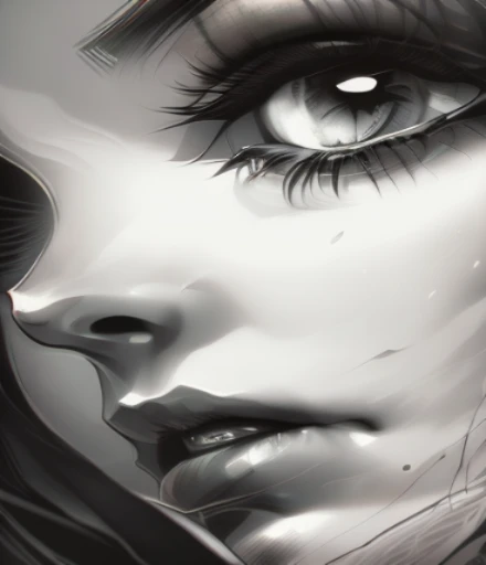 a close up of a womans face with a Preto and white picture, rosto sensual detalhado, impressionante retrato de rosto de anime, lindo rosto de anime, rosto lindo detalhado, rosto detalhado background detail, rosto de anime detalhado, Preto and arte brancawo...