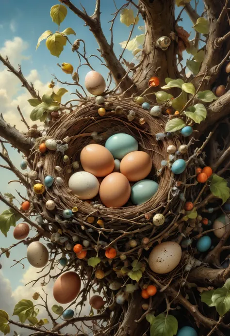 bird Nest, eggs, by Bob Byerley, panoramic, Ultra high saturation, bright and vivid colors, (best quality, masterpiece, Representative work, official art, Professional, 8k)