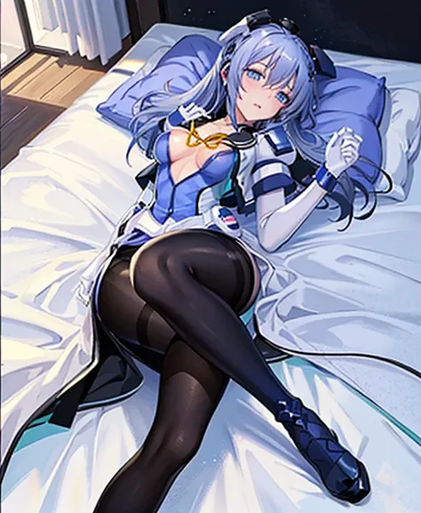 highest quality,sleep on your back in bed，Symphonic_Sugar,light blue hair,navy blue eyes,hair ornament,long hair,white long_glove,light blue short dress,black pantyhose,high heel, ,show me your boots，thigh high boots，Leotard sneak peek，glove，elegant, 1 gir...