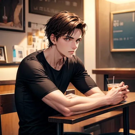 Photo model young man who is 18 with skintight black t-shirt, sitting, fashion, soft lighting, vibrant colors, masterpiece, in a cafe, detailed face, he is caring and loving,  brown hair that’s combed forward