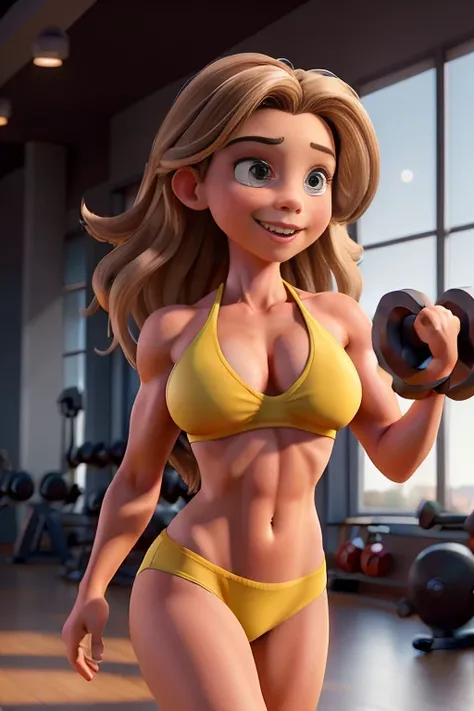 (Sydney Sweeney, shoulder-length hair, brown with blonde highlights, exercising in the gym), (best quality, 4k, highres, realistic:1.2), (portrait, fitness), (bright, vibrant colors), (studio lighting), (detailed facial features, defined muscles), (bodybui...