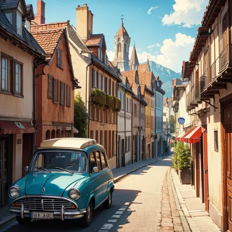 retro cars,small,European townscape