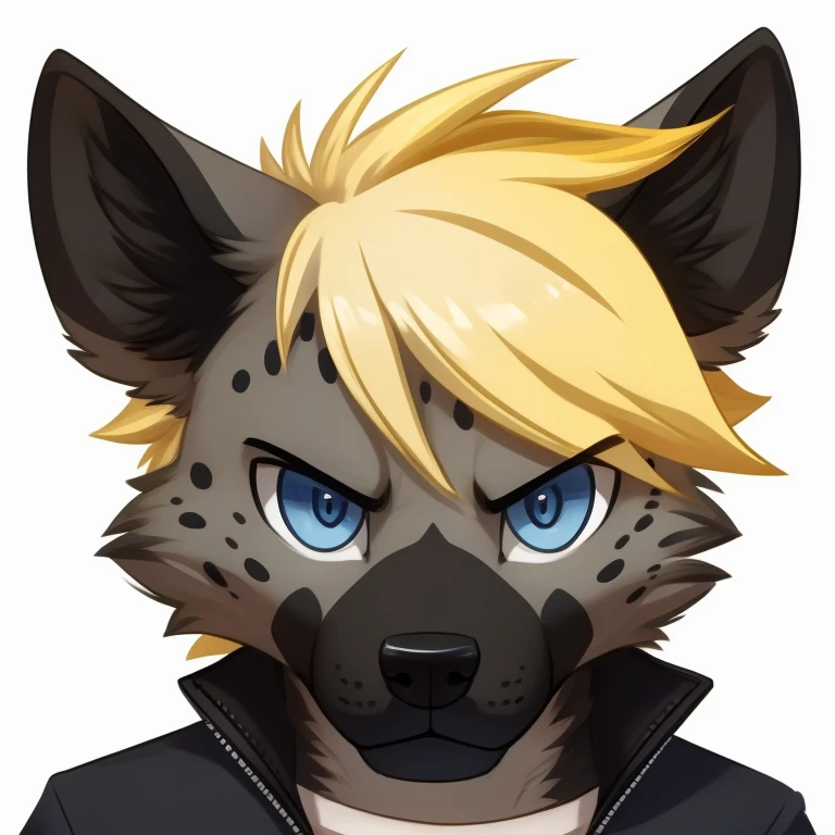 male, young hyena, cute style, anthropomorphic, grey and black fur, black spots, light yellow hair, dark blue eyes, annoyed, fluffy, headshot, white background