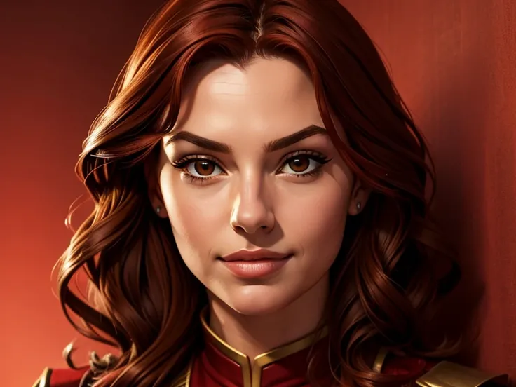 masterpiece, best quality, realistic, 1girl, female, quiet and charming , 11 year old, a smirk, closed mouth, gold skin, portrait, extremely detailed face, cold and smirk, red outfit, ((dark brown eyes)), ((short wavy red hair)), [thick eyebrows], ((civili...