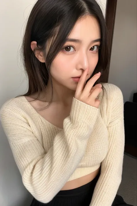 japanese woman, slim figure, small breasts, extremely thin waist, beautiful face, beautiful eyes, natural makeup, black hair, knit sweater, skirt, 1 girl, alone, detailed face and eyes, small fingers and arms. upper body photo. realistic, realistic.