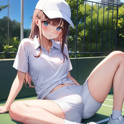 (cute woman)、(tennis wear)(open your legs wide)(I can see white pants)