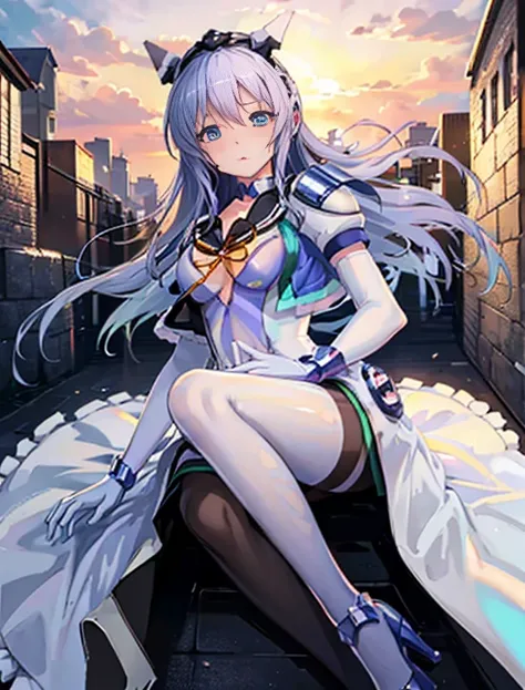 highest quality，lean against the wall，Symphonic_Sugar,light blue hair,navy blue eyes,hair ornament,long hair,white long_glove,light blue short dress,black pantyhose,high heel, ,glove，elegant, 1 girl, cute, blushed, looking at the viewer, from below, prison...