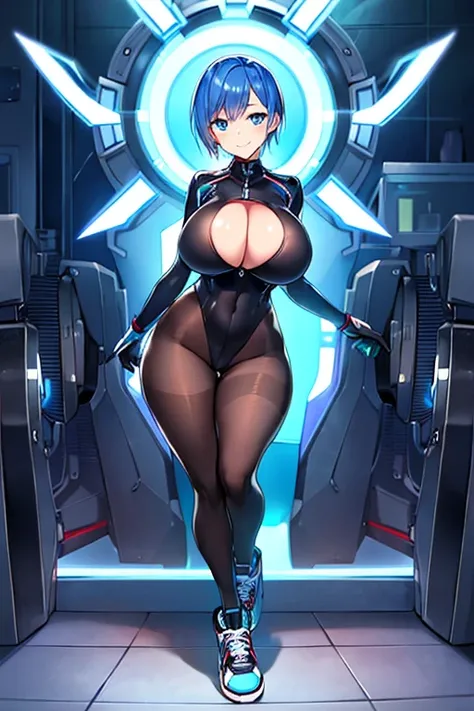 1girl, breasts, large breasts, wide hips, blue hair, very short hair, pixie cut, blue eyes, bodysuit, black bodysuit, smile, light smile, shoes, sneakers, pantyhose, black pantyhose, futuristic, science-fiction, tech, machinery, neon, neon trim, full body,...