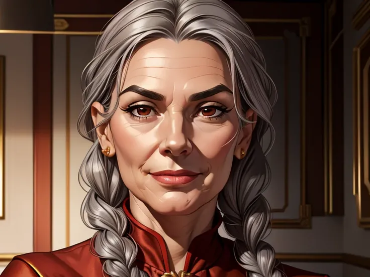 masterpiece, best quality, realistic, 1woman, female, quiet and charming , 60 year old, a smirk, closed mouth, gold skin, portrait, extremely detailed face, cold and smirk, red outfit, ((dark brown eyes)), ((braided hair)),((gray hair)), [thick eyebrows], ...