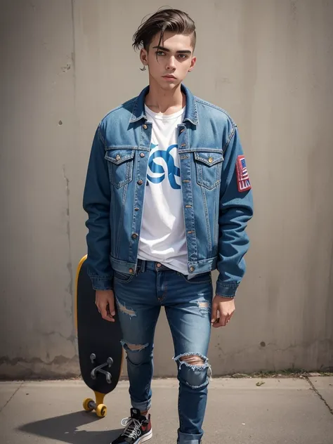 Homem de 18 anos, pele clara, corpo musculoso, cabelo undercut comprido, jeans and jacket, brincos nas orelhas, Standing in a square, WITH A SKATEBOARD IN HAND