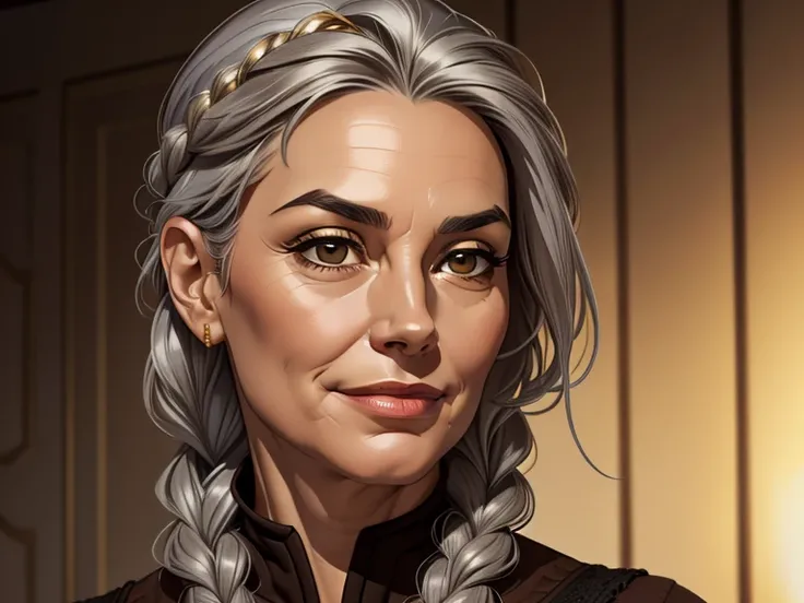 masterpiece, best quality, realistic, 1woman, female, quiet and charming , 60 year old, a smirk, closed mouth, gold skin, portrait, extremely detailed face, cold and smirk, casual outfit, ((dark brown eyes)), ((braided hair)),((gray hair)), [thick eyebrows...