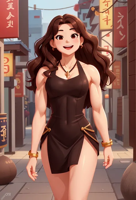 attractive korean woman, ripped muscle, muscular body, small breast, pale skin, smile, sequins dress, cross necklace, sixpack abs, [ultra detailed skin:1.2], brown hair, wavy hair, 8k uhd, full body, crowd, public, temple, standing,