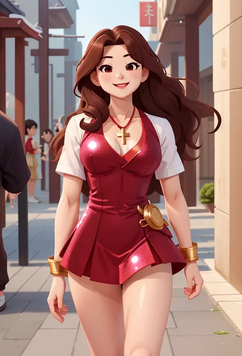 attractive korean woman, ripped muscle, muscular body, small breast, pale skin, smile, sequins dress, cross necklace, sixpack abs, [ultra detailed skin:1.2], brown hair, wavy hair, 8k uhd, full body, crowd, public, temple, standing,