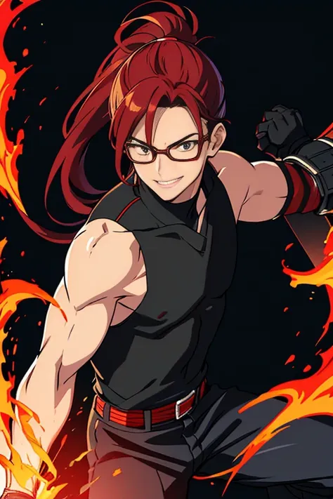 Two-dimensional, anime style, 1 man , solo, (male warrior) , slim body, 30 years old, correct proportions, face details, martial arts, black pants with red stripes on the sides, black male japanese clothes, sleeveless black martial arts uniform with red st...