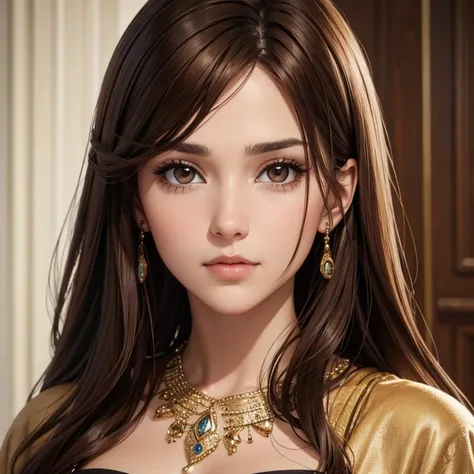 beautiful woman with brown hair brown eyes detailed face indifferent look seen as bust