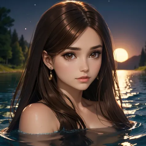 beautiful woman with brown hair brown eyes detailed face indifferent look bust view bathing in lake under the moonlight