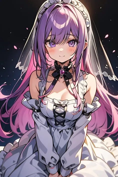 anime style, Rendering of anime girls, realistic young anime girl, Smooth anime CG art, smile, cute, purple eyes, small breasts, tall, Long straight hair、slanted eyes, wedding veil、Wedding dress, aldult