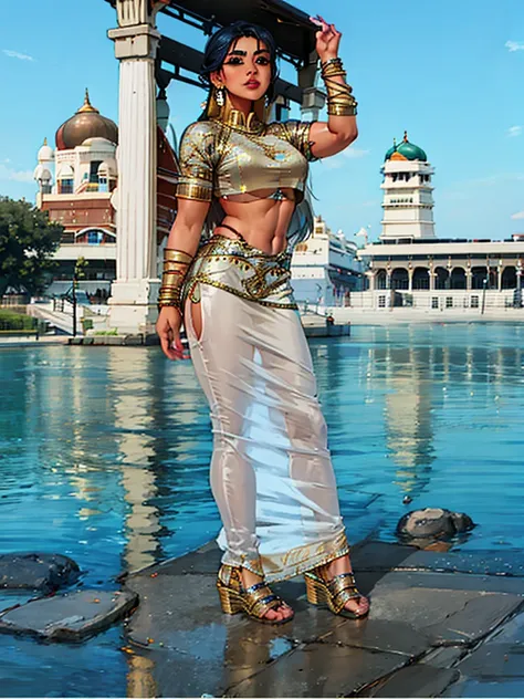 a beautiful indian ifbb, wearing a reflective gold shiny bra, sheer white top, wearing a iridescent hobble_lpskirt