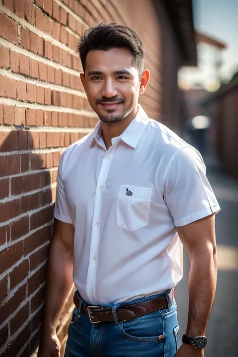 ((Masterpiece, ultra detailed, best quality, HDR, UHD, Sharp focus, hyper realistic, photorealistic, like a real photo, RAW Photo))1 man, malaysian, soft smile, brick wall background, shaved face, short hair, wide forehead, dark skin, white shirt and jeans...