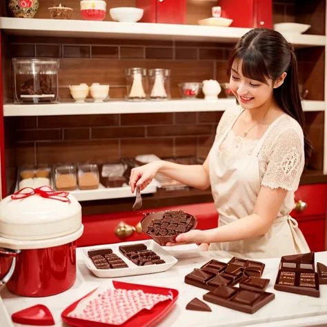 woman making chocolate、young woman、Baking、décor、Valentine