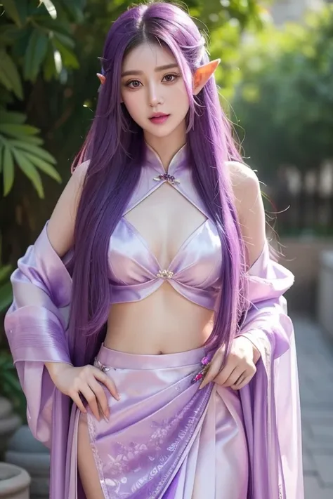 Draw a female elf，Wearing a purple silk gauze skirt，Wearing a purple gemstone on the chest。Long purple hair and pupils，Pink patterned nails and pink lips，Delicate melon seed face。
she is very soft，Exudes a mature charm。In line with Chinese aesthetics