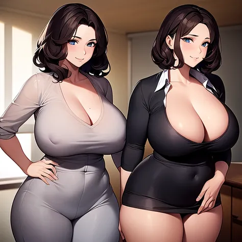 ((masterpiece)), ((best quality)), (ultra-detailed), (realistic), 1girl, solo, mature female, milf, motherly, large breasts, narrow waist, wide hips, curvy, curly hair, short hair, dark hair, dark eyes, collared shirt, cleavage, black pants, office, seduct...