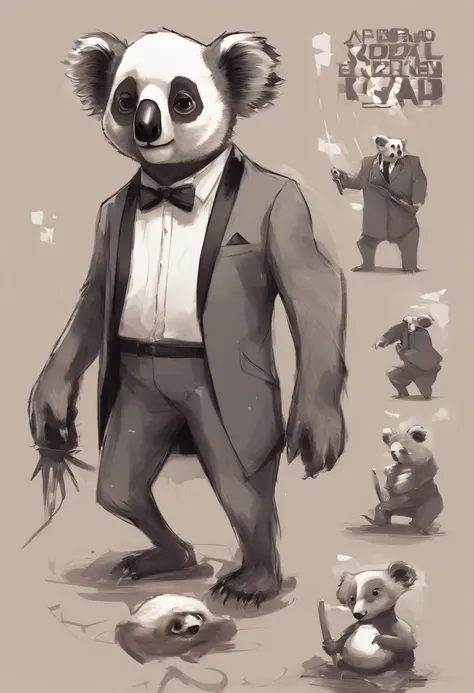 anthropomorphic koala, de cuerpo entero, vestido formalmente con un blazer, sostiene una bandeja, pegatina de panda, sticker de panda.