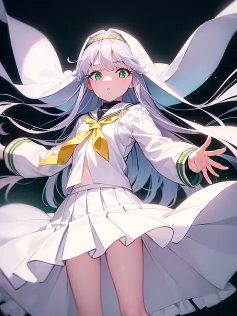 index, index　A Certain Magical Index, (green eyes:1.5), silver hair, long hair, (flat chest:1.2),White headband,Upper body, whole body,black student sailor suit,White cardigan,Black pleated skirt,White pantyhose,black loafers,In town,Coming to school,(mast...