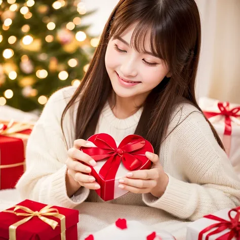 young woman、Heart-shaped present、Giving gifts、Valentine、Warm atmosphere、white background、画面に向かってGiving gifts