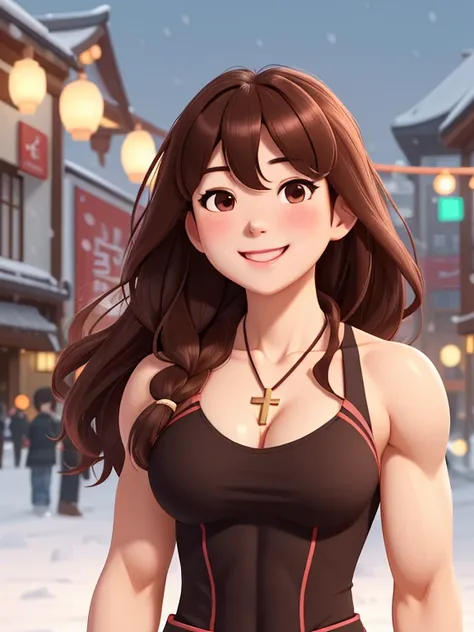 attractive korean woman, ripped muscle, muscular body, small breast, pale skin, smile(blush), sundress, cross necklace, sixpack abs, [ultra detailed skin:1.2], brown hair, long wavy hair, 8k uhd, full body, crowd, public, snow, standing,