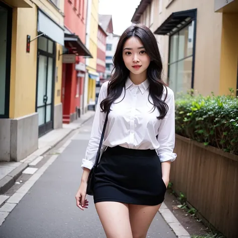 An mixed race  27 years old lady lawyer who loves to play outdoors, sexy and loves to laugh  wearing a short skirt and a white blouse, her hair is a mix of red and black, she is blue eyed and has a serious face, her background is dreamy